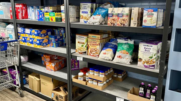 Food For Fairview pantry shelves stocked with food.