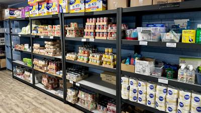 Food pantry shelves stocked with boxes and bags.